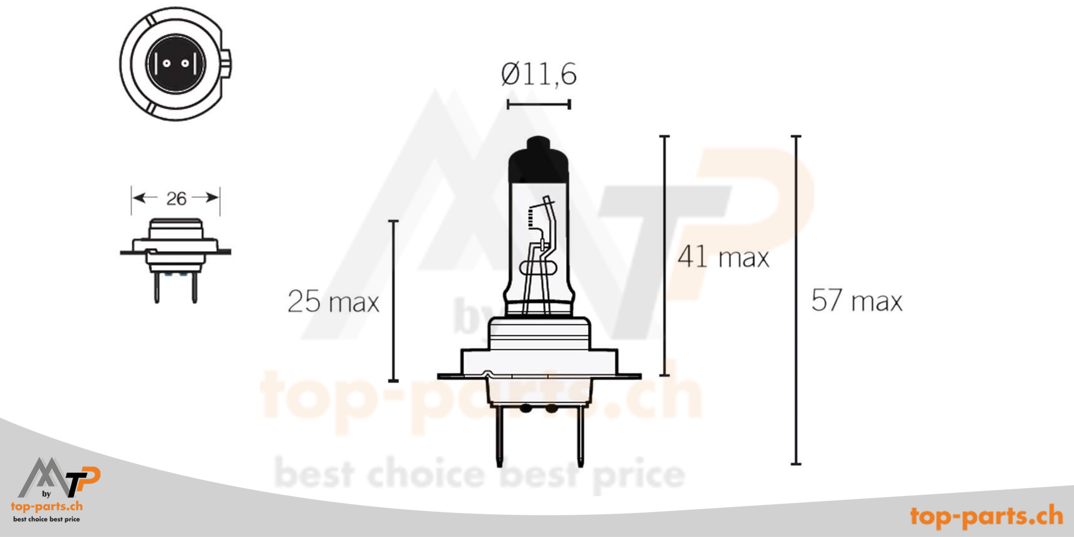 Halogenlampen H7 (PX26d) für Autos und Motorräder, erhältlich in 12V und 24V bei top-parts.ch.