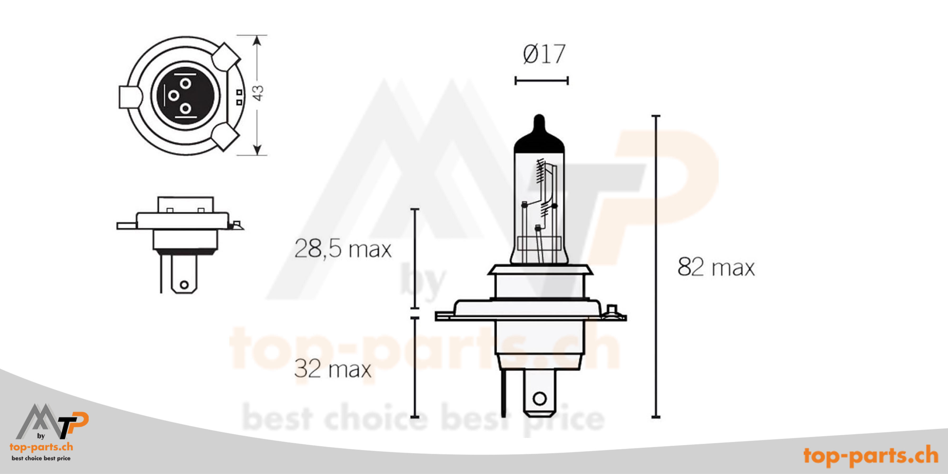 Halogenlampen H4 (P43t) für Autos und Motorräder, erhältlich in 12V und 24V bei top-parts.ch.