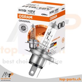 Osram H19 Original Halogenlampe 12V 65/55W PU43t-3 mit Verpackung, langlebige Fahrzeugbeleuchtung, 3200K warmweißes Licht