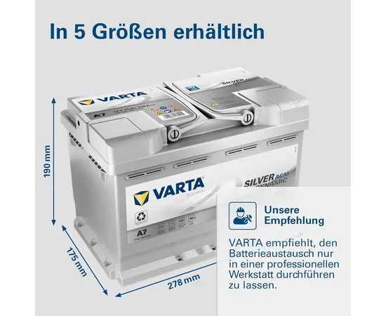 Varta AGM A7 70Ah, 760A,  Dimensionen, 570901076,  Zum Sparpreis,  Best Deal,  Rabatt,  topparts,  top-parts.ch