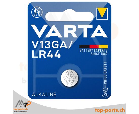 Varta LR44/V13GA Knopfzelle, 1,5V, 138mAh, Alkali-Mangan-Batterie im 1er Blister