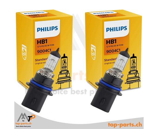 Zwei Philips HB1 Standard P29t Sockel Halogenlampen 9004C1 mit Verpackung – 12V, 65/45W, P29t Sockel, klare Sicht und Sicherheit.