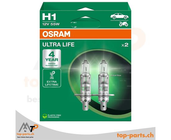 Osram H1 ULTRA LIFE Halogenlampen 64150ULT-2HB, 55W, 12V, 3200K, mit Verpackung