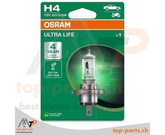 Osram H4 Ultra Life Halogenlampe 12V 60/55W, mit Blisterverpackung, P43t Sockel, 3200K