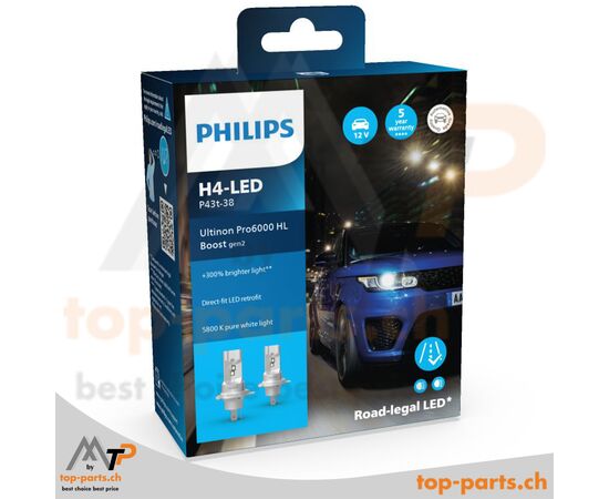 Philips H4 LED Ultinon Pro6000 Boost Gen2 +300% mit Verpackung, 5800K, 12V, P43t-38, 2er Box