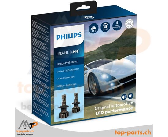 Philips H4 LED Ultinon Pro9100 HL +350% mit Verpackung, 5800K, 12V/24V, P43t, 2er Box