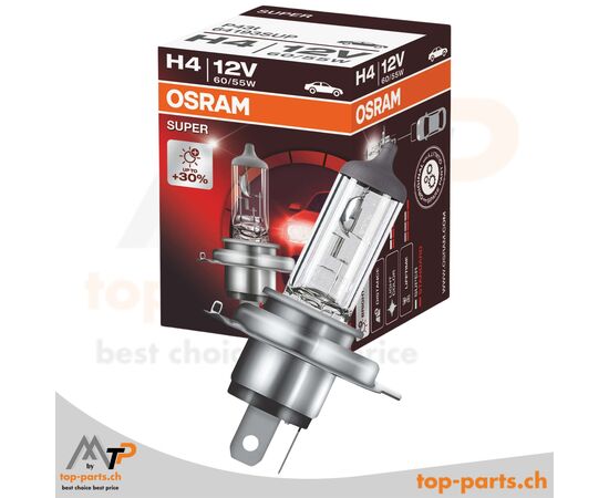 OSRAM H4 SUPER +30% Halogenlampe mit Verpackung, 12V 60/55W P43t