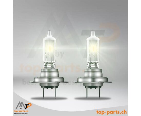 Eingeschaltete Osram H7 Ultra Life 64210ULT Halogenlampen, ohne Verpackung, 12V 55W, PX26d Sockel, 4500K helles Licht