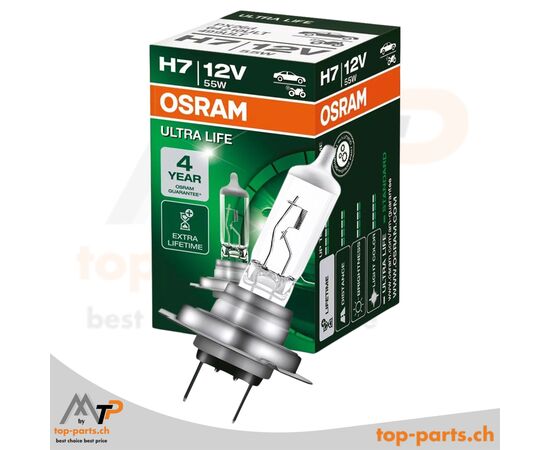 Osram H7 Ultra Life 64210ULT Halogenlampe 12V 55W mit Verpackung, PX26d Sockel, 4500K langlebiges Licht