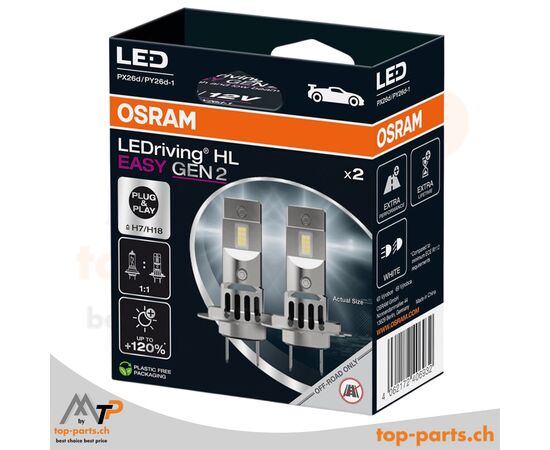 Osram H7/H18 LEDriving HL EASY Gen2 +120% LED-Lampen 12V 16.2W im Doppelpack mit Verpackung, 6500K cooles weißes Licht, PX26d/PY26d Sockel