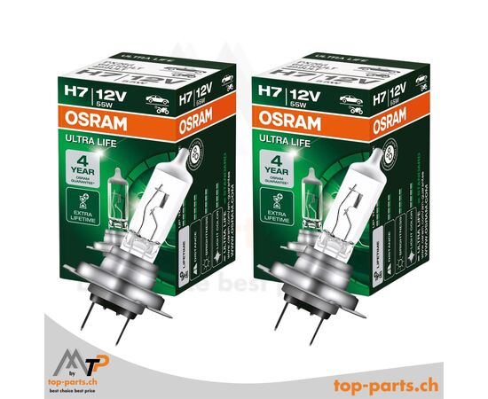 Osram H7 Ultra Life 64210ULT Halogenlampen 12V 55W im Doppelpack mit Verpackung, PX26d Sockel, 4500K langlebiges Licht