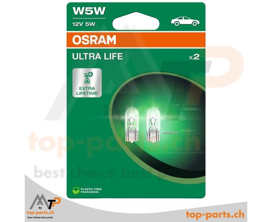 Osram W5W Ultra Life Glassockellampen 12V 5W im Doppelpack mit Verpackung, W2,1x9,5d Sockel, langlebige Fahrzeugbeleuchtung