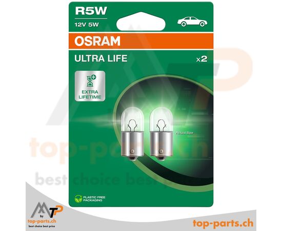 Osram R5W Ultra Life Kugellampen 12V 5W im Doppelpack mit Verpackung, BA15s Sockel, langlebige Beleuchtung für Signal- und Innenleuchten