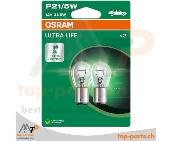 Osram P21/5W Ultra Life Kugellampen 12V 21/5W im Doppelpack mit Verpackung, BAY15d Sockel, langlebige Beleuchtung für Rücklicht und Bremslicht