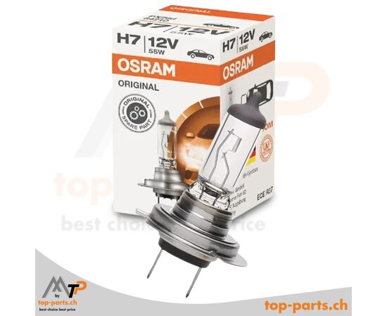 Osram H7 Original Halogenlampe 12V 55W PX26d im Einzelpack mit Verpackung, langlebige Beleuchtung für Fahrzeuge, 3200K warmweißes Licht