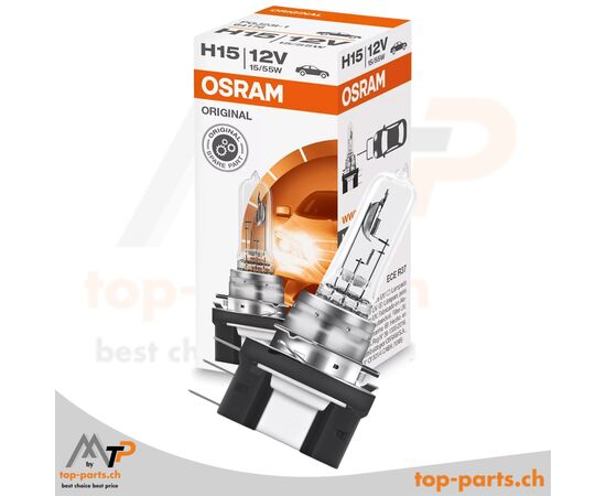 Osram H15 Original Halogenlampe 12V 55/15W PGJ23T-1 mit Verpackung, langlebige Beleuchtung für Fahrzeuge, 3200K warmweißes Licht