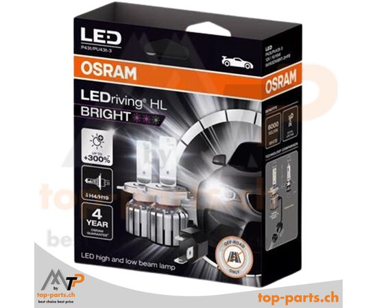 Osram H4/H19 LEDriving HL BRIGHT +300% 6000K – 2 LED-Lampen mit P43t/PU43t-3-Sockel in Verpackung, hohe Helligkeit, modernes Weißlicht