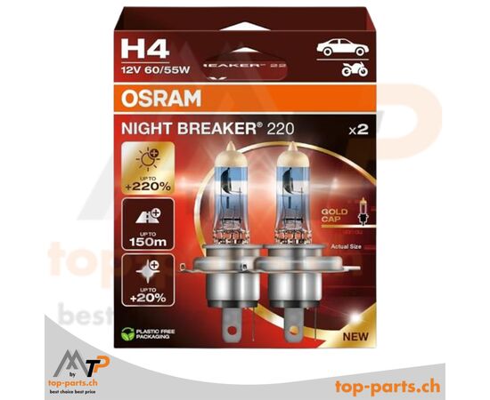 Osram H4 Night Breaker 220 Halogenlampen 12V 60/55W, 2er Box, P43t Sockel, 4500K
