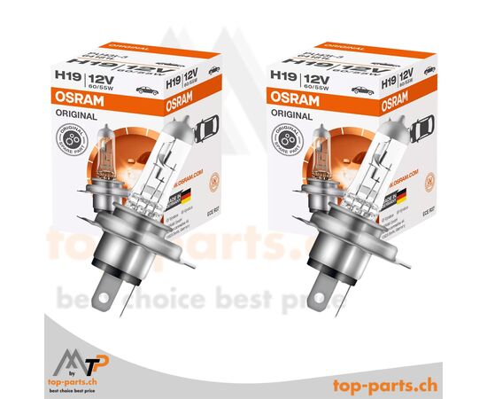 Osram H19 Original Halogenlampen 12V 65/55W PU43t-3 im Doppelpack mit Verpackung, zuverlässige und leistungsstarke Fahrzeugbeleuchtung