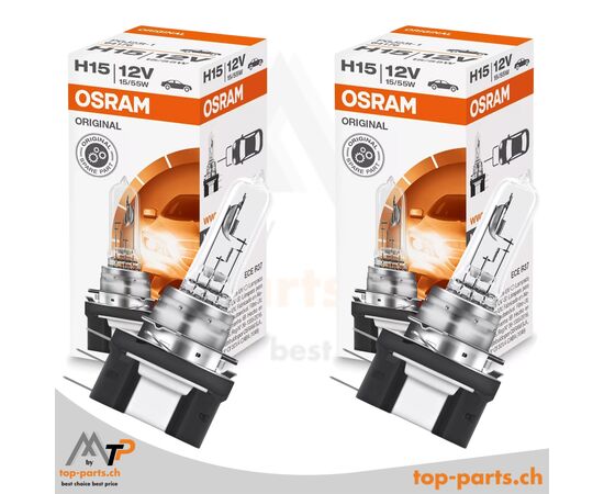 Osram H15 Original Halogenlampen 12V 55/15W PGJ23T-1 im Doppelpack mit Verpackung, zuverlässige Fahrzeugbeleuchtung, 3200K warmweißes Licht