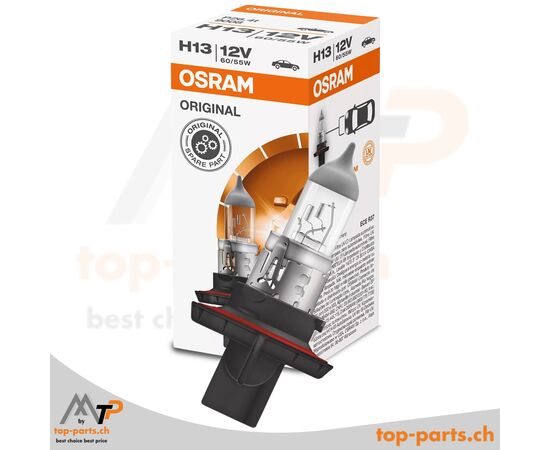 Osram H13 Original Halogenlampe 12V 65/55W P26.4t mit Verpackung, langlebige Fahrzeugbeleuchtung, 3200K warmweißes Licht