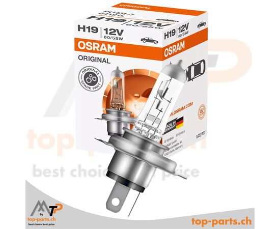 Osram H19 Original Halogenlampe 12V 65/55W PU43t-3 mit Verpackung, langlebige Fahrzeugbeleuchtung, 3200K warmweißes Licht
