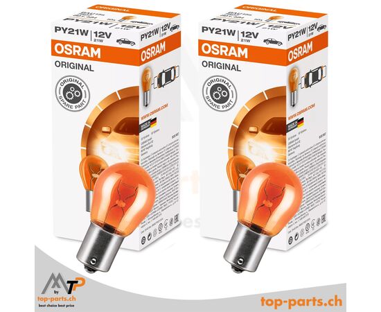 Osram PY21W Original gelbe Kugellampen 12V 21W BAU15s im Doppelpack mit Verpackung, zuverlässige Fahrzeugbeleuchtung