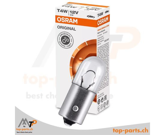 Osram T4W Original Kugellampe 12V 4W BA9s mit Verpackung, zuverlässige Beleuchtung für Signalleuchten und Innenräume