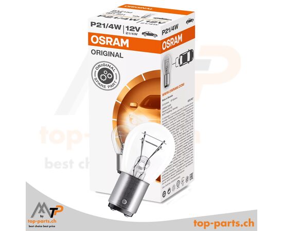 Osram P21/4W Original Kugellampe 12V 21/4W BAZ15d mit Verpackung, langlebige Beleuchtung für Brems- und Schlusslichter